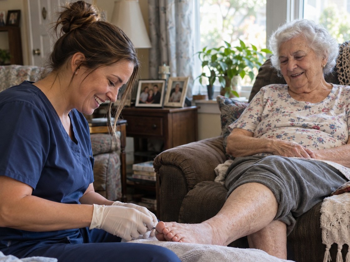 A care provider in gloves giving routine foot care to a smiling senior woman seated at home